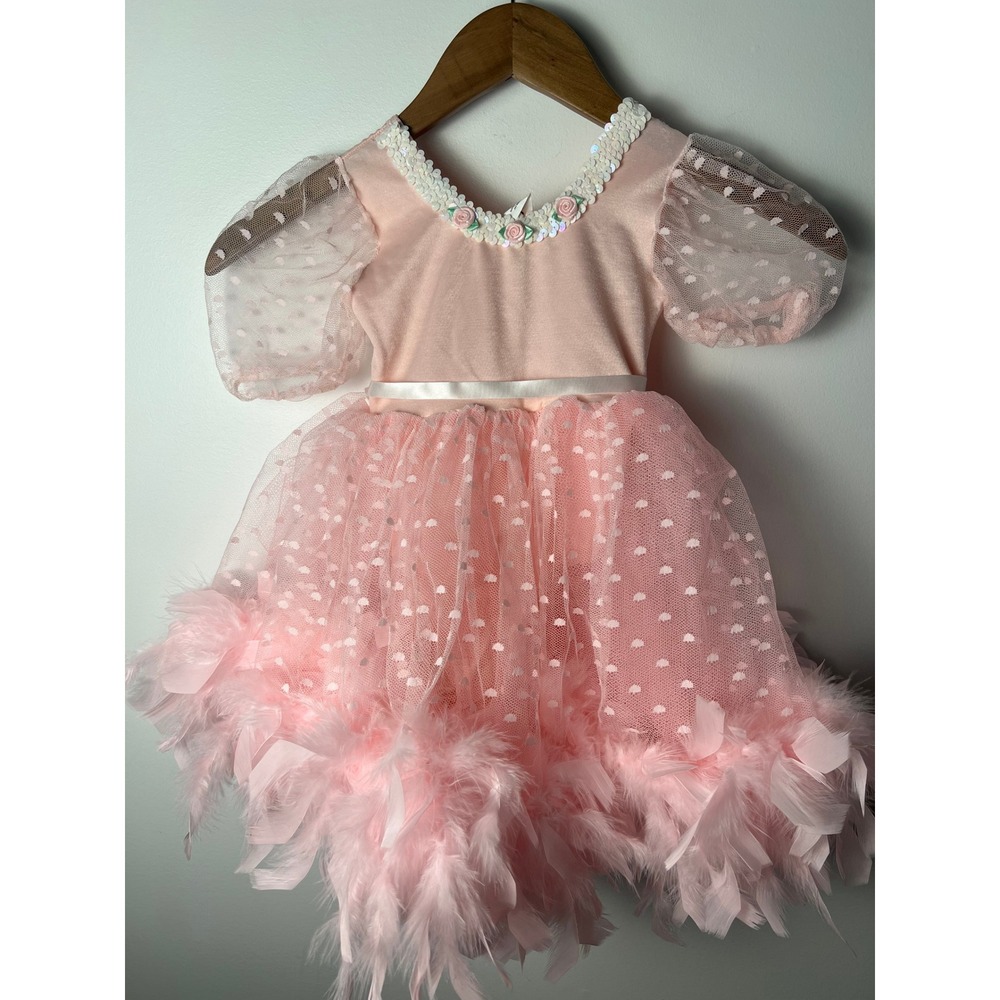 VTG Whirl A Weve Dance Costume Child Sm Pink Feather Sequin Tulle Rosette Dress